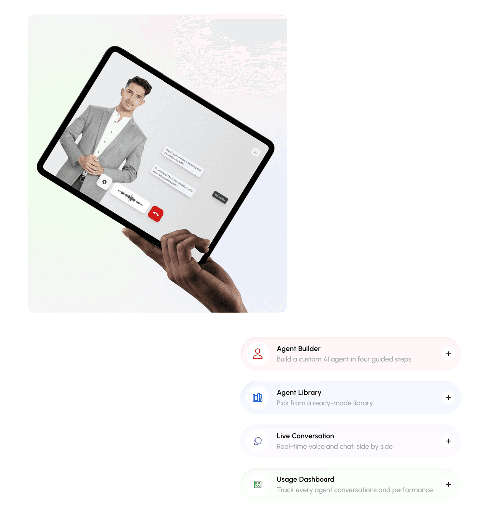 Live conversation running on tablet, and the four pillars of the platform.