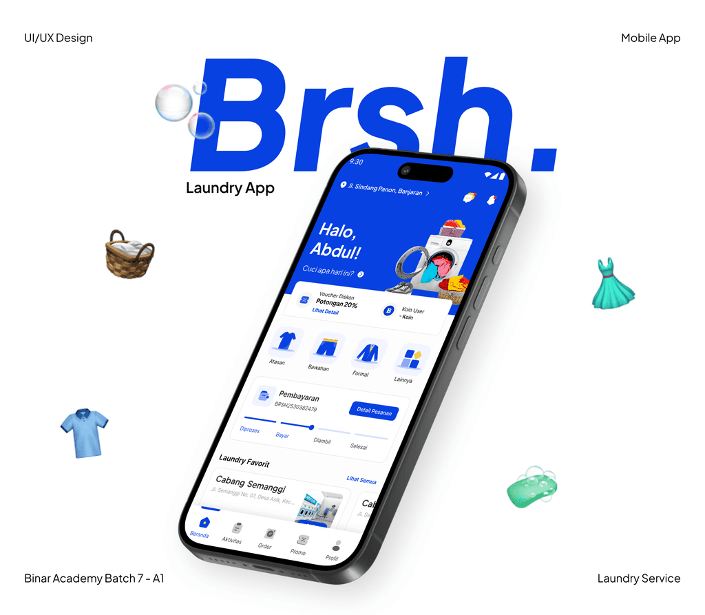 Key visual — Brsh. laundry app, Binar Academy Batch 7.