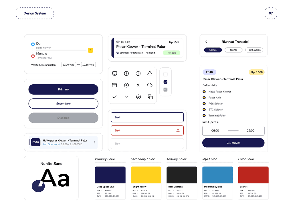 Design system — components, states and the colour roles behind them.