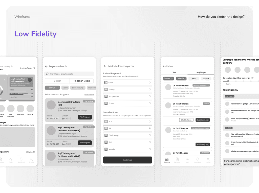 Low-fidelity wireframes — medical services, payment, activity and the daily check-in.
